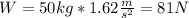 W = 50kg * 1.62\frac{m}{s^2} = 81 N