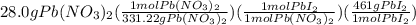 28.0gPb(NO_3)_2(\frac{1molPb(NO_3)_2}{331.22gPb(NO_3)_2})(\frac{1molPbI_2}{1molPb(NO_3)_2})(\frac{461gPbI_2}{1molPbI_2})