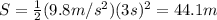 S=\frac{1}{2} (9.8 m/s^2)(3 s)^2=44.1 m