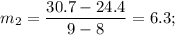 m_2=\dfrac{30.7-24.4}{9-8}=6.3;