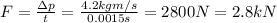 F=\frac{\Delta p}{t}=\frac{4.2 kg m/s}{0.0015 s}=2800 N=2.8 kN