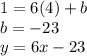 1=6(4)+b\\ b=-23\\ y=6x-23