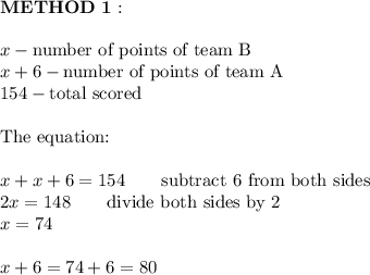 \bold{METHOD\ 1:}\\\\x-\text{number of points of team B}\\x+6-\text{number of points of team A}\\154-\text{total scored}\\\\\text{The equation:}\\\\x+x+6=154\qquad\text{subtract 6 from both sides}\\2x=148\qquad\text{divide both sides by 2}\\x=74\\\\x+6=74+6=80
