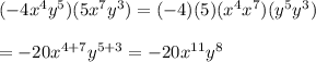 (-4x^4y^5)(5x^7y^3)=(-4)(5)(x^4x^7)(y^5y^3)\\\\=-20x^{4+7}y^{5+3}=-20x^{11}y^8