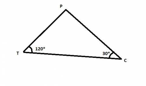 Given:  △ptc m∠t=120°, m∠c=30° pt=4 find:  pc.   me solve this and if you can explan how to do these