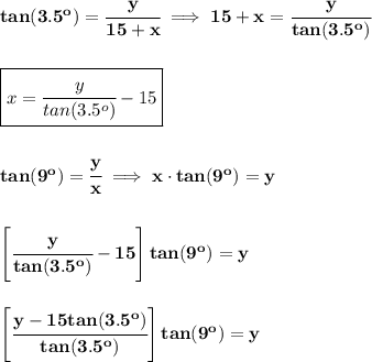 \bf tan(3.5^o)=\cfrac{y}{15+x}\implies 15+x=\cfrac{y}{tan(3.5^o)}\\\\\\ \boxed{x=\cfrac{y}{tan(3.5^o)}-15}&#10;\\\\\\&#10;tan(9^o)=\cfrac{y}{x}\implies x\cdot  tan(9^o)=y\\\\\\ \left[ \cfrac{y}{tan(3.5^o)}-15 \right]tan(9^o)=y&#10;\\\\\\&#10;\left[ \cfrac{y-15tan(3.5^o)}{tan(3.5^o)} \right]tan(9^o)=y&#10;\\\\\\