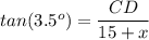 tan(3.5^o) = \dfrac{CD}{15+x}