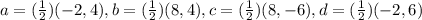 a = (\frac{1}{2})(-2, 4), b = (\frac{1}{2})(8, 4), c = (\frac{1}{2})(8, -6), d = (\frac{1}{2})(-2, 6)