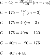 C-C_0=\frac{295-175}{6-3}(m-m_0)\\\\C-175=\frac{120}{3}(m-3)\\\\C-175=40(m-3)\\\\C-175=40m-120\\\\C=40m-120+175\\\\C=40m+55
