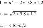0=u^2-2*9.8*1.2\\ \\ u=\sqrt{2*9.8*1.2} \\ \\ u=4.85m/s