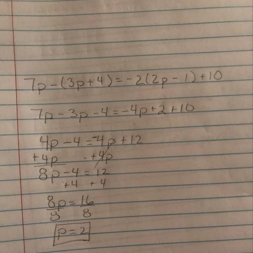 Solve this multi-step equation 7p - (3p + 4) = -2(2p - 1) + 10