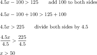 4.5x-100125\qquad\text{add 100 to both sides}\\\\4.5x-100+100125+100\\\\4.5x225\qquad\text{divide both sides by 4.5}\\\\\dfrac{4.5x}{4.5}\dfrac{225}{4.5}\\\\x50