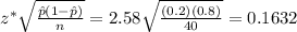 z^{*} \sqrt{ \frac{\hat{p}(1-\hat{p})}{n} } = 2.58 \sqrt{ \frac{(0.2)(0.8)}{40} }= 0.1632