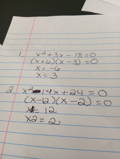 1. what are the roots of the equation?  x2+3x−18=0 enter your answers in the boxes. x =  and x =  2.