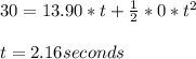 30 = 13.90*t+\frac{1}{2} *0*t^2\\ \\ t=2.16 seconds