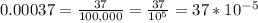 0.00037=\frac{37}{100,000} =\frac{37}{10^{5}} =37*10^{-5}