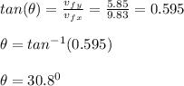 tan(\theta) = \frac{v_f_y}{v_f_x} = \frac{5.85}{9.83} = 0.595\\\\\theta = tan^{-1} (0.595)\\\\\theta = 30.8^0