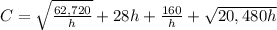 C=\sqrt{\frac{62,720}{h}}+28h+\frac{160}{h}+\sqrt{20,480h