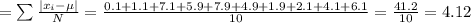 =\sum \frac{|x_{i}-\mu |}{N}=\frac{0.1+1.1+7.1+5.9+7.9+4.9+1.9+2.1+4.1+6.1}{10} = \frac{41.2}{10}=4.12