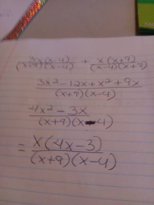 What is the sum of the rational expression below 3x/x+9 + x/x-4  need answer quick will mark br
