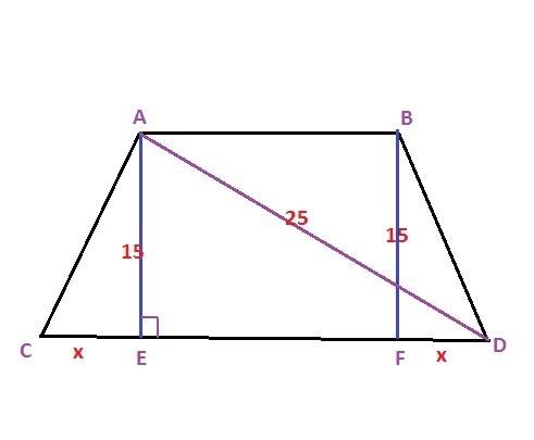 In an isosceles trapezoid the length of a diagonal is 25cm and the length of an altitude is 15cm. fi