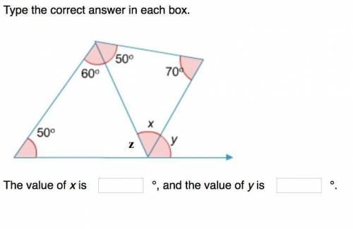 Type the correct answer in each box. the value of x is °, and the value of y is  °.