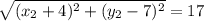 \sqrt{(x_2+4)^2+(y_2-7)^2}= 17