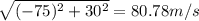 \sqrt{(-75)^2+30^2} = 80.78 m/s