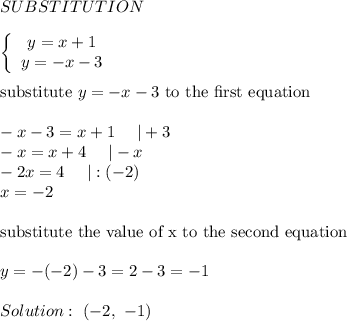 SUBSTITUTION\\\\\left\{\begin{array}{ccc}y=x+1\\y=-x-3\end{array}\right\\\\\text{substitute}\ y=-x-3\ \text{to the first equation}\\\\-x-3=x+1\ \ \ \ |+3\\-x=x+4\ \ \ \ |-x\\-2x=4\ \ \ \ |:(-2)\\x=-2\\\\\text{substitute the value of x to the second equation}\\\\y=-(-2)-3=2-3=-1\\\\Solution:\ (-2,\ -1)