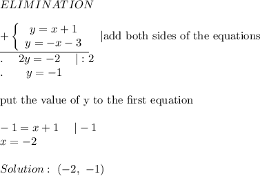ELIMINATION\\\\\underline{+\left\{\begin{array}{ccc}y=x+1\\y=-x-3\end{array}\right}\ \ \ |\text{add both sides of the equations}\\.\ \ \ \ 2y=-2\ \ \ \ |:2\\.\ \ \ \ \ \ y=-1\\\\\text{put the value of y to the first equation}\\\\-1=x+1\ \ \ \ |-1\\x=-2\\\\Solution:\ (-2,\ -1)