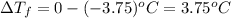 \Delta T_{f}=0-(-3.75)^{o}C=3.75^{o}C