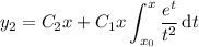 y_2=\displaystyle C_2x+C_1x\int_{x_0}^x\frac{e^t}{t^2}\,\mathrm dt