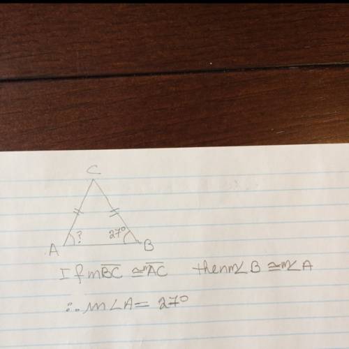 In the triangle bca, segment bc is congruent to segment ac. if the measure of angle b is 27 degrees,
