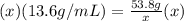(x)(13.6 g/mL)=\frac{53.8 g}{x}(x)