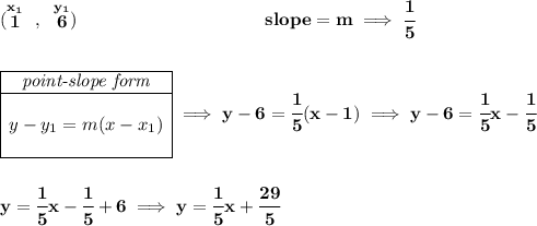\bf (\stackrel{x_1}{1}~,~\stackrel{y_1}{6})~\hspace{10em}&#10;slope = m\implies \cfrac{1}{5}&#10;\\\\\\&#10;\begin{array}{|c|ll}&#10;\cline{1-1}&#10;\textit{point-slope form}\\&#10;\cline{1-1}&#10;\\&#10;y-y_1=m(x-x_1)&#10;\\\\&#10;\cline{1-1}&#10;\end{array}\implies y-6=\cfrac{1}{5}(x-1)\implies y-6=\cfrac{1}{5}x-\cfrac{1}{5}&#10;\\\\\\&#10;y=\cfrac{1}{5}x-\cfrac{1}{5}+6\implies y=\cfrac{1}{5}x+\cfrac{29}{5}