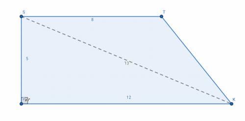Given:  pstk is a trapezoid, m∠p=90° sk =13, pk = 12, st=8 find:  the area of pstk.