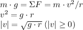 m \cdot g = \Sigma F = m \cdot v^{2} / r \\ v^{2} = g \cdot r \\ |v| = \sqrt{g \cdot r} \; (|v| \ge 0)