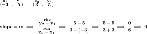 \bf (\stackrel{x_1}{-3}~,~\stackrel{y_1}{5})\qquad&#10;(\stackrel{x_2}{3}~,~\stackrel{y_2}{5})&#10;\\\\\\&#10;slope = m\implies&#10;\cfrac{\stackrel{rise}{ y_2- y_1}}{\stackrel{run}{ x_2- x_1}}\implies \cfrac{5-5}{3-(-3)}\implies \cfrac{5-5}{3+3}\implies \cfrac{0}{6}\implies 0