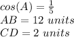 cos(A)=\frac{1}{5} \\ AB=12\ units\\ CD=2\ units