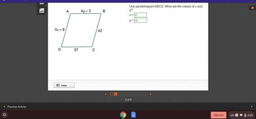 Use parallelogram abcd what are the values of x andy?