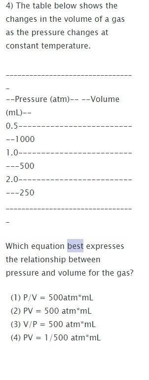 Which equation best expresses the relationship between pressure and volume for gas?