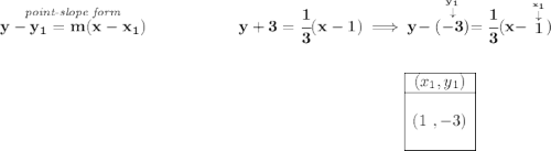 \bf \stackrel{\textit{point-slope form}}{y- y_1= m(x- x_1)}~\hspace{5em}y+3=\cfrac{1}{3}(x-1)\implies y-\stackrel{\stackrel{y_1}{\downarrow }}{(-3)}=\cfrac{1}{3}(x-\stackrel{\stackrel{x_1}{\downarrow }}{1}) \\\\\\ ~\hspace{25em}\begin{array}{|c|ll} \cline{1-1} (x_1,y_1)\\ \cline{1-1} \\ (1~,-3) \\\\ \cline{1-1} \end{array}