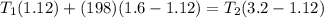 T_1(1.12) + (198)(1.6 - 1.12) = T_2(3.2 - 1.12)