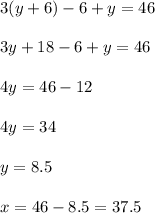 3(y+6)-6+y=46\\&#10;\\&#10;3y+18-6+y=46\\&#10;\\&#10;4y=46-12\\&#10;\\&#10;4y=34\\&#10;\\&#10;y=8.5\\&#10;\\&#10;x=46-8.5=37.5\\