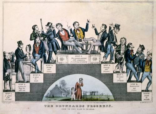 Based on this 1846 lithograph by n. currier on the career of a drunkard, what did the artist see as