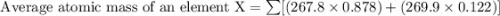 \text{ Average atomic mass of an element X}=\sum[(267.8\times 0.878)+(269.9\times 0.122)]