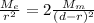 \frac{M_e}{r^2} =2 \frac{M_m }{(d-r)^2}