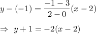 y-(-1)=\dfrac{-1-3}{2-0}(x-2)\\\\\Rightarrow\ y+1=-2(x-2)