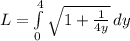 L=\int\limits^4_0 { \sqrt{1+\frac{1}{4y}}} \, dy