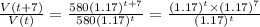 \frac{V(t+7)}{V(t)}=\frac{580(1.17)^{t+7}}{580(1.17)^{t}}=\frac{(1.17)^t\times (1.17)^7}{(1.17)^t}
